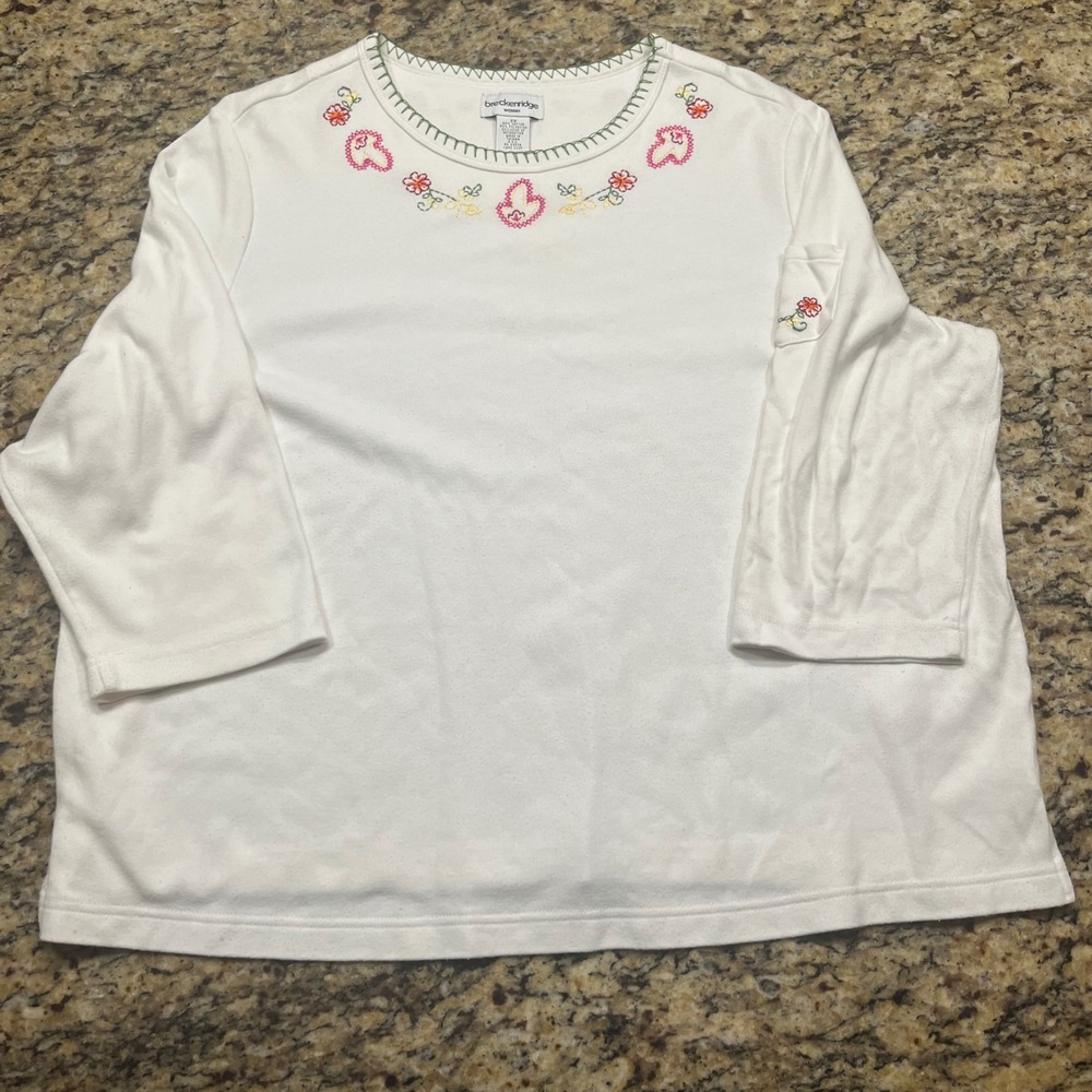 Breckenridge Woman White Embroidered Floral Knit Top 3/4 Sleeve Plus Size 2X